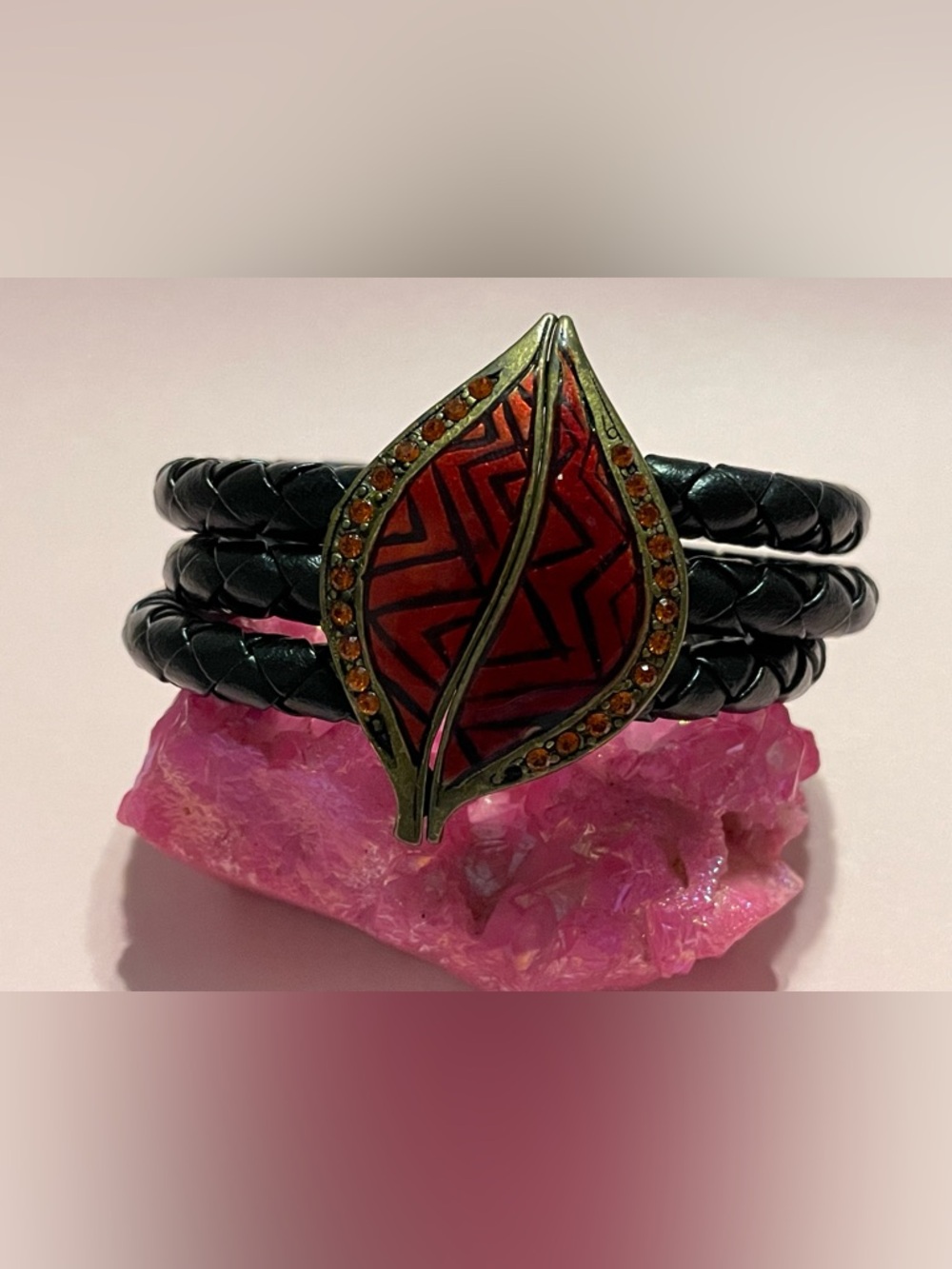 3 Braided Black Band Enamel Rhinestone Magnetic Bracelet #9471